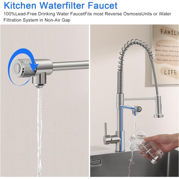 3 in 1 Kitchen Faucet with Drinking Water Faucet, Pull Down Spring Single Handle 3 Way Kitchen Faucet Chrome, Water Filter Faucet for Kitchen Sink Bar (without Water Filtration Device)