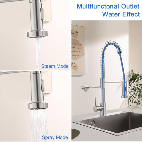 3 in 1 Kitchen Faucet with Drinking Water Faucet, Pull Down Spring Single Handle 3 Way Kitchen Faucet Chrome, Water Filter Faucet for Kitchen Sink Bar (without Water Filtration Device)