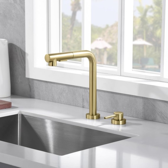 Kitchen Sink Faucet with Pull Out Sprayer and Side Handle, 2 Hole Sink Faucet Brushed Gold