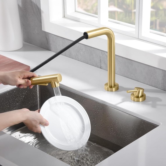 Kitchen Sink Faucet with Pull Out Sprayer and Side Handle, 2 Hole Sink Faucet Brushed Gold