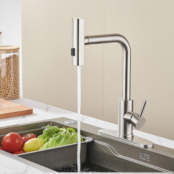 Kitchen Faucet with Pull Down Sprayer, Brushed Nickel Waterfall Touch Single Hole Handle Stainless Steel Kitchen Sink Faucets, Commercial Modern Faucets for Pull-down Sprayer Kitchen Sinks