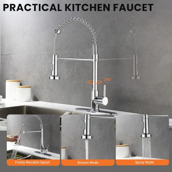 Kitchen Faucet with Sprayer, Chrome-Plated Kitchen Faucets for Sink 3 Hole and 1 Hole with Deck Plate Single Handle Hot & Cold Water Kitchen Sink Faucets with Pullout Sprayer