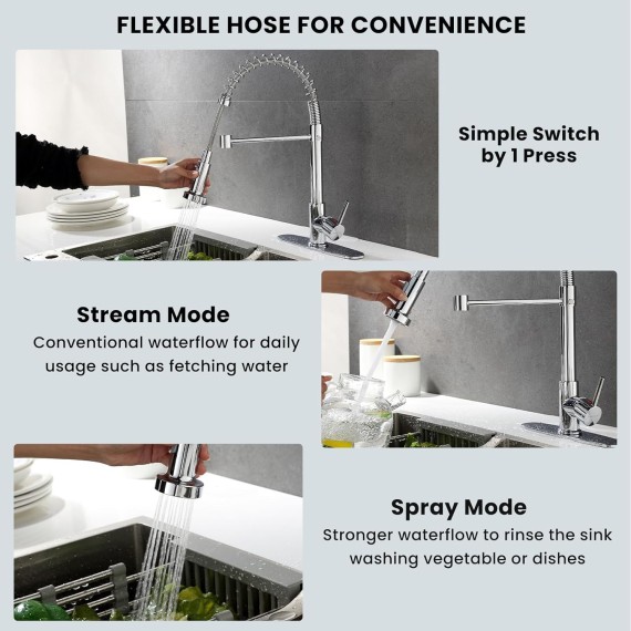 Kitchen Faucet with Sprayer, Chrome-Plated Kitchen Faucets for Sink 3 Hole and 1 Hole with Deck Plate Single Handle Hot & Cold Water Kitchen Sink Faucets with Pullout Sprayer