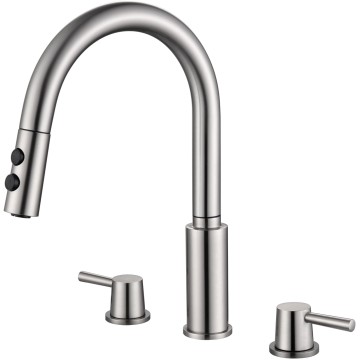 Double Handle Kitchen Faucet, 3 Holes Sink Faucet, Pull Down, Brushed Nickel, Stainless Steel, RB1063