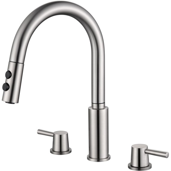 Double Handle Kitchen Faucet, 3 Holes Sink Faucet, Pull Down, Brushed Nickel, Stainless Steel, RB1063