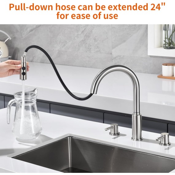 Double Handle Kitchen Faucet, 3 Holes Sink Faucet, Pull Down, Brushed Nickel, Stainless Steel, RB1063