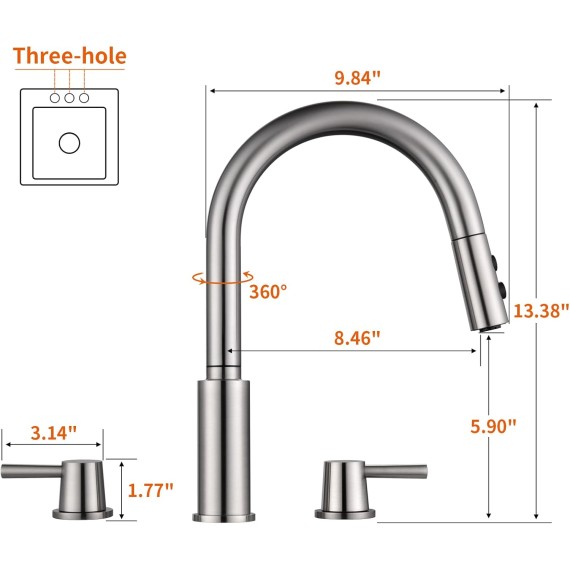 Double Handle Kitchen Faucet, 3 Holes Sink Faucet, Pull Down, Brushed Nickel, Stainless Steel, RB1063