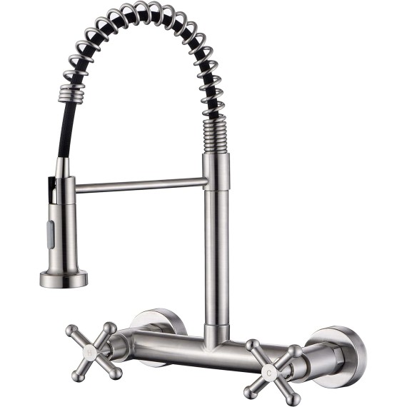 Wall Mount Kitchen Sink Faucet with Pull Out Sprayer Tow Function Commercial Spring Faucet 2 Industrial Handle High Arc Center Faucet, Brushed Finish