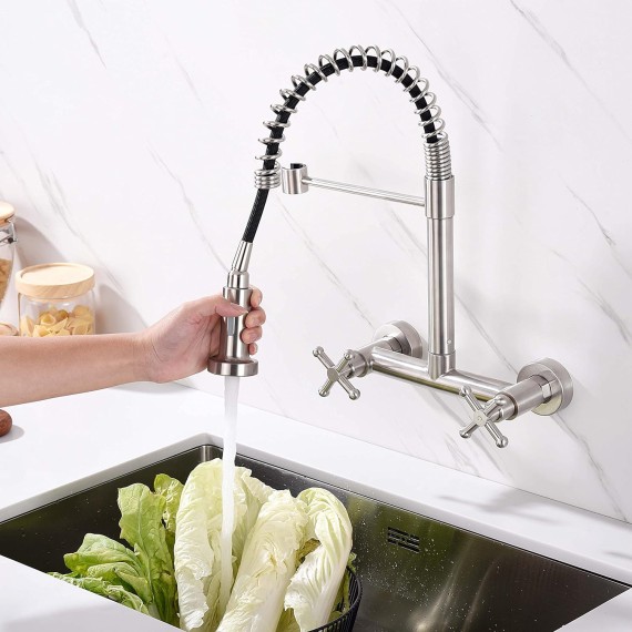 Wall Mount Kitchen Sink Faucet with Pull Out Sprayer Tow Function Commercial Spring Faucet 2 Industrial Handle High Arc Center Faucet, Brushed Finish