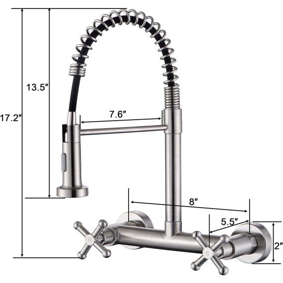 Wall Mount Kitchen Sink Faucet with Pull Out Sprayer Tow Function Commercial Spring Faucet 2 Industrial Handle High Arc Center Faucet, Brushed Finish