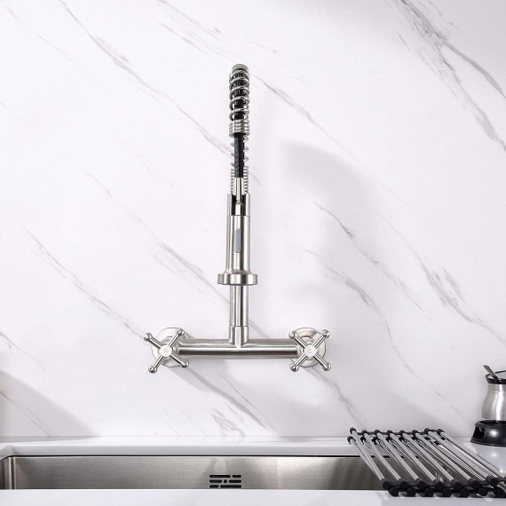 Wall Mount Kitchen Sink Faucet with Pull Out Sprayer Tow Function Commercial Spring Faucet 2 Industrial Handle High Arc Center Faucet, Brushed Finish