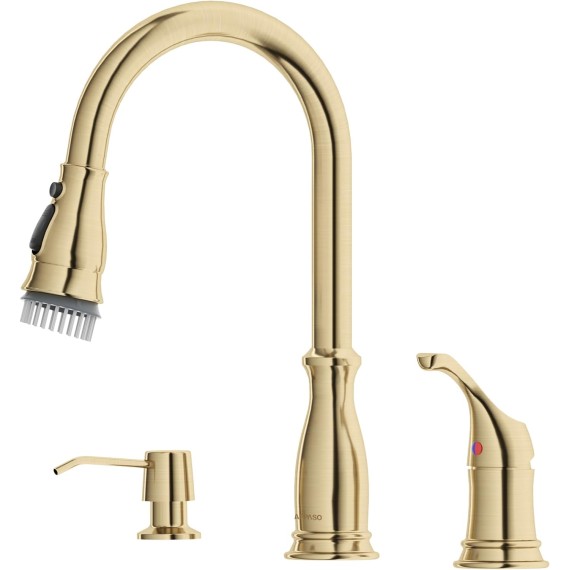 3 Hole Gold Kitchen Faucet, Brushed Gold Kitchen Faucet with Soap Dispenser and Pull Down 3-Mode Sprayer, Solid Brass High Arc Modern Sink Faucets with Separate Handle for 2 or 3 Hole Sink