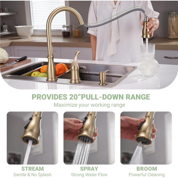 3 Hole Gold Kitchen Faucet, Brushed Gold Kitchen Faucet with Soap Dispenser and Pull Down 3-Mode Sprayer, Solid Brass High Arc Modern Sink Faucets with Separate Handle for 2 or 3 Hole Sink