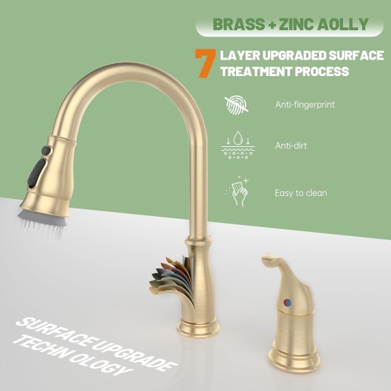 3 Hole Gold Kitchen Faucet, Brushed Gold Kitchen Faucet with Soap Dispenser and Pull Down 3-Mode Sprayer, Solid Brass High Arc Modern Sink Faucets with Separate Handle for 2 or 3 Hole Sink