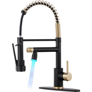 Commerical LED Kitchen Faucet with Pull Down Sprayer, Single Handle 2 Spout Stainless Steel Spring Kitchen Sink Faucet with Lock, Matte Black and Gold