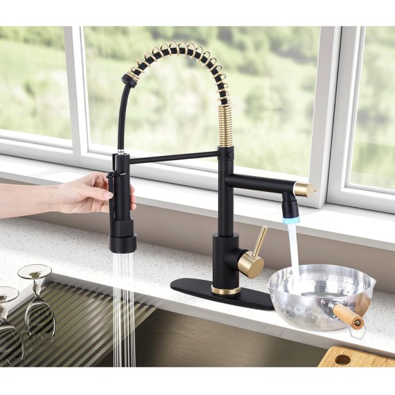 Commerical LED Kitchen Faucet with Pull Down Sprayer, Single Handle 2 Spout Stainless Steel Spring Kitchen Sink Faucet with Lock, Matte Black and Gold