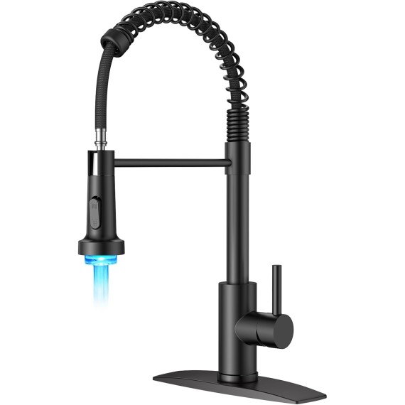 LED Kitchen Faucets, Black Kitchen Sink Faucet with Pull Down Sprayer, Stainless Steel Commercial Kitchen Faucet with LED Light, Modern Single Handle Sink Faucet for Farmhouse Laundry Utility