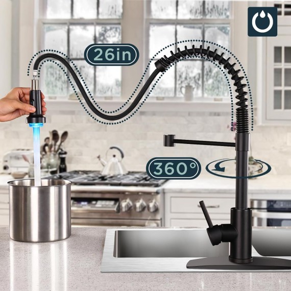 LED Kitchen Faucets, Black Kitchen Sink Faucet with Pull Down Sprayer, Stainless Steel Commercial Kitchen Faucet with LED Light, Modern Single Handle Sink Faucet for Farmhouse Laundry Utility