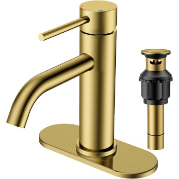 Gold Bathroom Faucets 1 Hole, Stainless Steel Bathroom Sink Faucet with Metal Pop up Drain, Single Handle Brass Bathroom Faucet, Vanity, Lavatory Faucet for Bathroom Sink