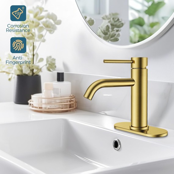 Gold Bathroom Faucets 1 Hole, Stainless Steel Bathroom Sink Faucet with Metal Pop up Drain, Single Handle Brass Bathroom Faucet, Vanity, Lavatory Faucet for Bathroom Sink