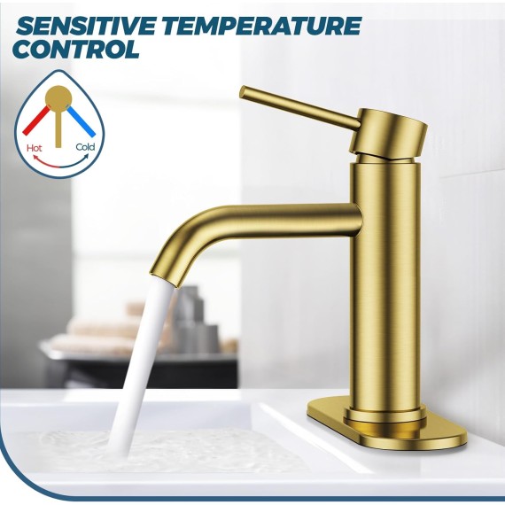 Gold Bathroom Faucets 1 Hole, Stainless Steel Bathroom Sink Faucet with Metal Pop up Drain, Single Handle Brass Bathroom Faucet, Vanity, Lavatory Faucet for Bathroom Sink