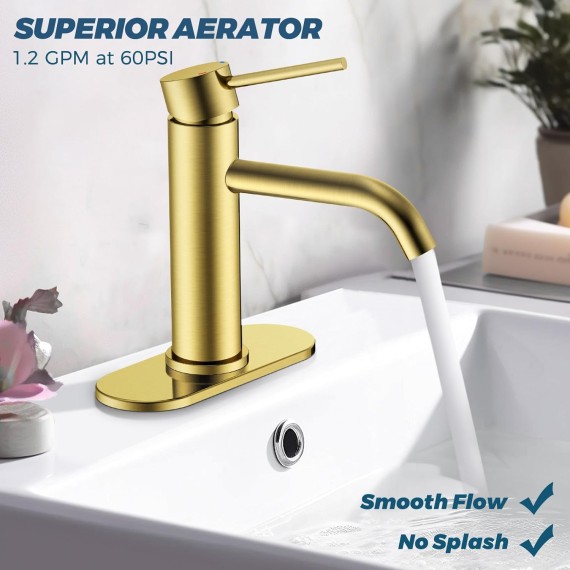 Gold Bathroom Faucets 1 Hole, Stainless Steel Bathroom Sink Faucet with Metal Pop up Drain, Single Handle Brass Bathroom Faucet, Vanity, Lavatory Faucet for Bathroom Sink