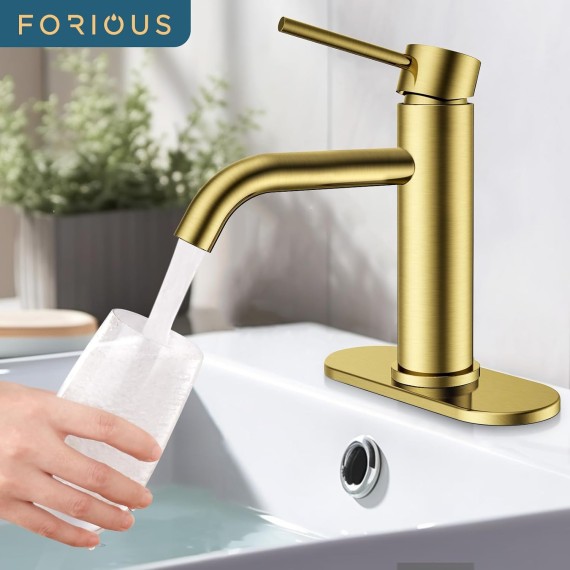 Gold Bathroom Faucets 1 Hole, Stainless Steel Bathroom Sink Faucet with Metal Pop up Drain, Single Handle Brass Bathroom Faucet, Vanity, Lavatory Faucet for Bathroom Sink