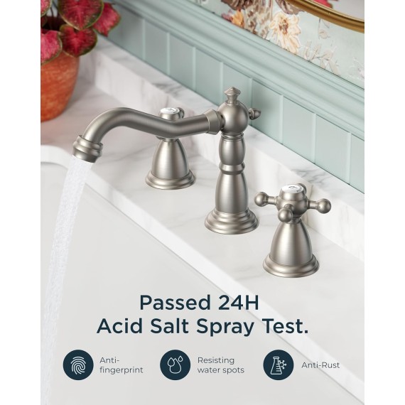 Bathroom Faucet 3 Hole, Two Handle Antique Bathroom Sink Faucet Stainless Steel, 8 inch Brass Bathroom Faucet with Metal Pop-up Drain & Supply Lines, Vintage Farmhouse Vanity Faucet Basin Tap