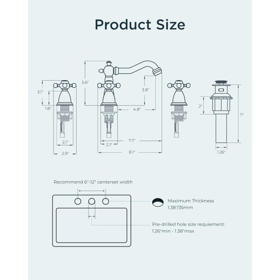 Bathroom Faucet 3 Hole, Two Handle Antique Bathroom Sink Faucet Stainless Steel, 8 inch Brass Bathroom Faucet with Metal Pop-up Drain & Supply Lines, Vintage Farmhouse Vanity Faucet Basin Tap