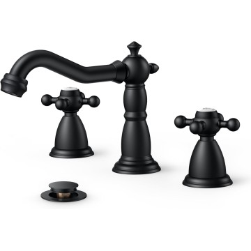 Bathroom Faucet 3 Hole, Matte Black Antique Bathroom Sink Faucet Two Handle, 8 inch Widespread Brass Bathroom Faucet with Metal Pop-up Drain & Supply Lines, Vintage Farmhouse Vanity Faucet Tap