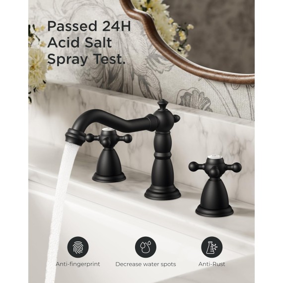 Bathroom Faucet 3 Hole, Matte Black Antique Bathroom Sink Faucet Two Handle, 8 inch Widespread Brass Bathroom Faucet with Metal Pop-up Drain & Supply Lines, Vintage Farmhouse Vanity Faucet Tap