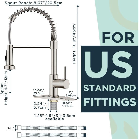 Kitchen Faucet, Brushed Nickel Commercial Kitchen Faucet with Pull Down Sprayer, Stainless Steel Kitchen Sink Faucets for 1 or 3 Hole, Single Handle Faucet for Sink Farmhouse Rv Laundry Room