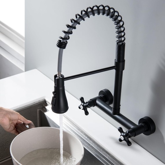 Wall Mount Kitchen Faucet, Matte Black Wall Mounted Faucet 8 Inches Center Kitchen Sink Faucet with 3 Functions Sprayer