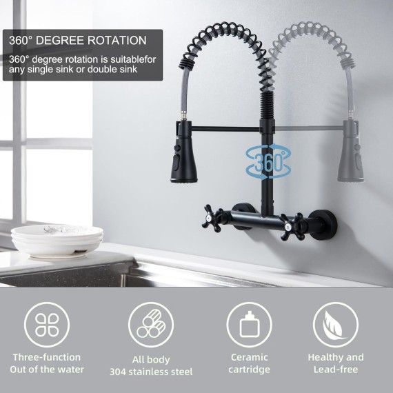 Wall Mount Kitchen Faucet, Matte Black Wall Mounted Faucet 8 Inches Center Kitchen Sink Faucet with 3 Functions Sprayer