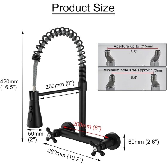 Wall Mount Kitchen Faucet, Matte Black Wall Mounted Faucet 8 Inches Center Kitchen Sink Faucet with 3 Functions Sprayer