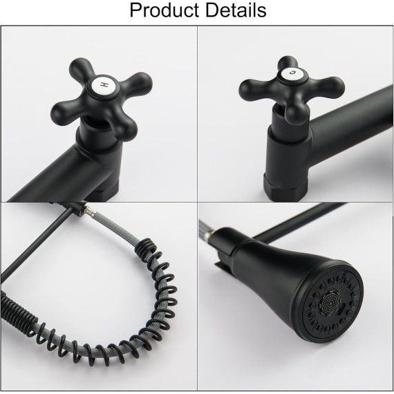 Wall Mount Kitchen Faucet, Matte Black Wall Mounted Faucet 8 Inches Center Kitchen Sink Faucet with 3 Functions Sprayer