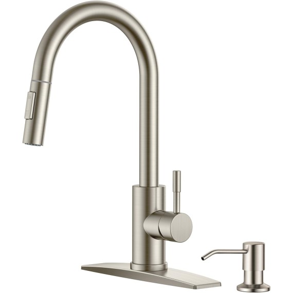 Kitchen Faucet with Soap Dispenser, Kitchen Faucet with Pull Down Sprayer Brushed Nickel, Stainless Steel Modern Kitchen Sink Faucets High Arc with Sing Handle and Deck for 1 or 3 Hole Install