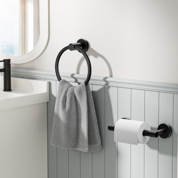 Matte Black Toilet Paper Holder Wall Mount, Sus304 Stainless Steel Towel Ring, Double Post Pivoting Toilet Paper Holder and Hand Towel Holder Set for Bathroom, RV, Bathroom Hardware Set Black