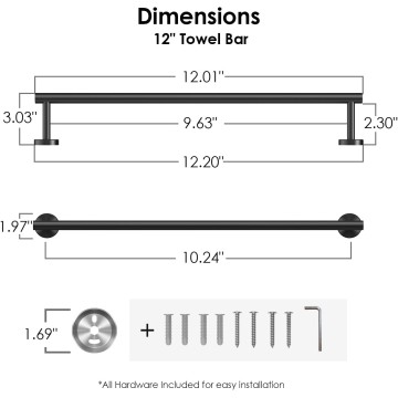 Towel Bar 10 Inch Center to Center, Matte Black Bathroom Towel Rack 304 Stainless Steel, Wall Mounted Towel Holder for Bathroom, Includes Wall Mounting Hardware, Suitable for Bathroom, RV