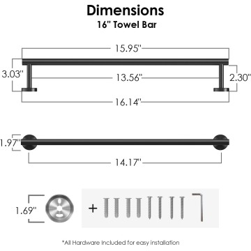 Towel Bar 14 Inch Center to Center, Matte Black Bathroom Towel Rack 304 Stainless Steel, Wall Mounted Towel Holder for Bathroom, Includes Wall Mounting Hardware, Suitable for Bathroom, RV