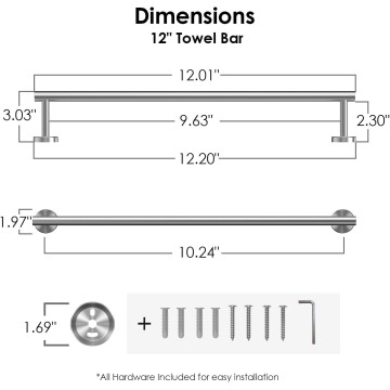 Towel Bar 10 Inch Center to Center, Brushed Nickel Bathroom Towel Rack 304 Stainless Steel, Wall Mounted Towel Holder for Bathroom, Includes Wall Mounting Hardware, Suitable for Bathroom, RV