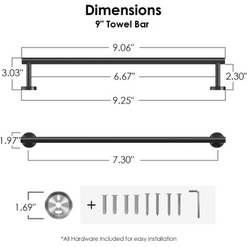 Towel Bar 7.3 Inch Center to Center, Matte Black Bathroom Towel Rack 304 Stainless Steel, Wall Mounted Towel Holder for Bathroom, Includes Wall Mounting Hardware, Suitable for Bathroom, RV