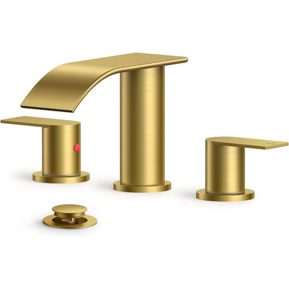 Brushed Gold Bathroom Faucet, Waterfall Gold Bathroom Faucets 3 Hole, 8 Inch Widespread Bathroom Sink Faucet with Pop-up Drain and Supply Lines, 2 Handle Faucet for Bathroom Sink Vanity RV