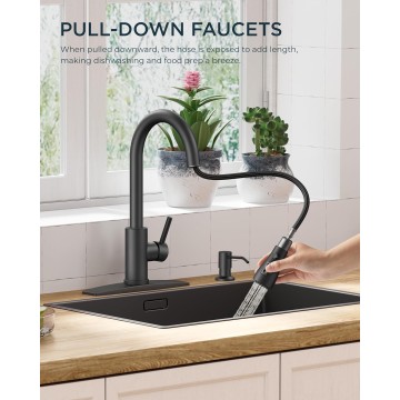 Black Kitchen Faucets with Soap Dispenser, Kitchen Faucet with Pull Down Sprayer, Commercial Stainless Steel Kitchen Sink Faucet, High Arc Single Hole Faucets for Kitchen Sink RV Bar Farmhouse