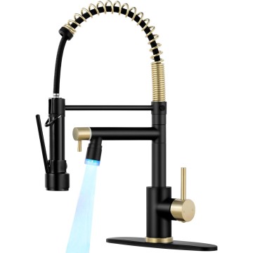 Kitchen Faucet with Pull Down Sprayer Commercial Single Handle Stainless Steel Two Spout Kitchen Sink Faucet with LED Light, Deck Plate, Matte Black and Gold