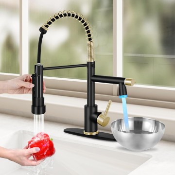 Kitchen Faucet with Pull Down Sprayer Commercial Single Handle Stainless Steel Two Spout Kitchen Sink Faucet with LED Light, Deck Plate, Matte Black and Gold