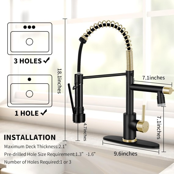 Kitchen Faucet with Pull Down Sprayer Commercial Single Handle Stainless Steel Two Spout Kitchen Sink Faucet with LED Light, Deck Plate, Matte Black and Gold