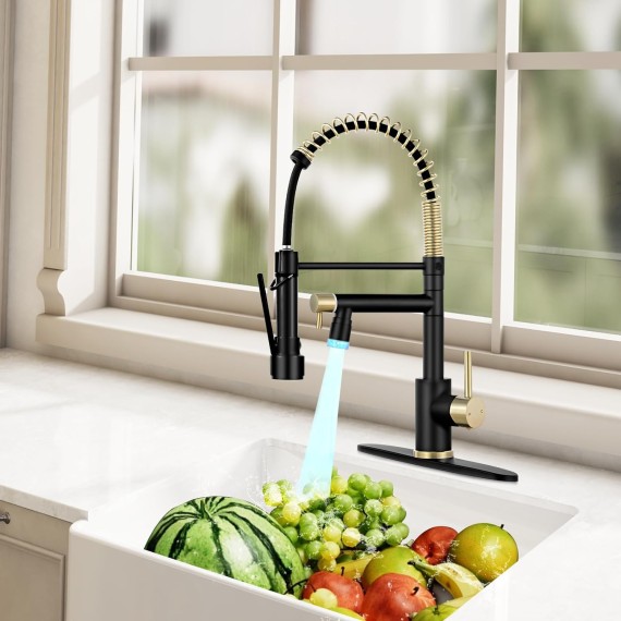 Kitchen Faucet with Pull Down Sprayer Commercial Single Handle Stainless Steel Two Spout Kitchen Sink Faucet with LED Light, Deck Plate, Matte Black and Gold