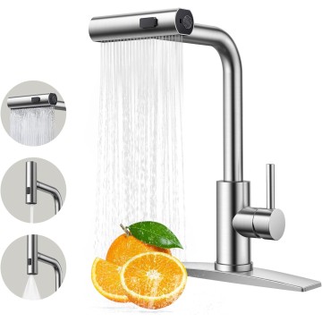 Kitchen Faucet, Brushed Nickel Kitchen Faucets with Pull Down Sprayer, Stainless Steel Kitchen Sink Faucet 3 in 1 Function, Waterfall Modern Faucet for Kitchen Sink, Bar, Laundry, Rv