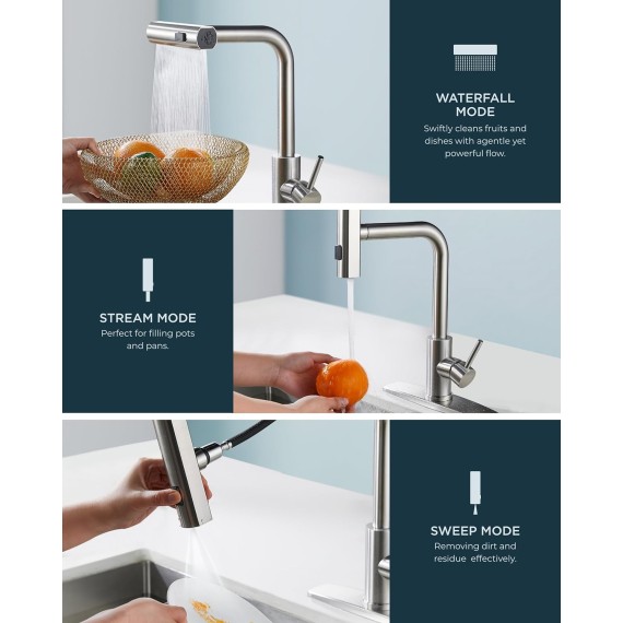 Kitchen Faucet, Brushed Nickel Kitchen Faucets with Pull Down Sprayer, Stainless Steel Kitchen Sink Faucet 3 in 1 Function, Waterfall Modern Faucet for Kitchen Sink, Bar, Laundry, Rv